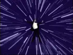Man falling through space into orange cubes