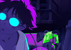 Cyberpunk characters in neon room