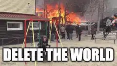 Kids playing on swings while house burns down