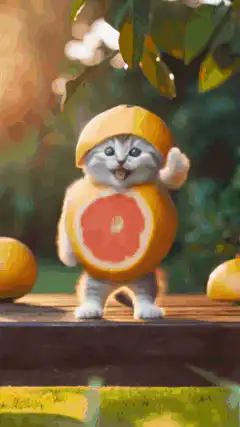 kitten in grapefruit costume dancing