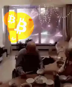 Elderly couple eating with bitcoin overlay