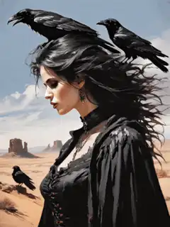 Woman with crows in desert