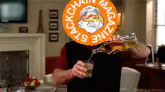 Stackchain Magazine logo over man pouring drink