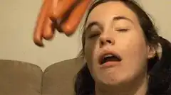 woman with sausages on head