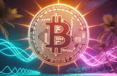 Bitcoin coin on neon beach