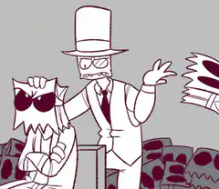Man in top hat slapping a mask