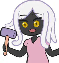 Girl with hammer raises it and smiles