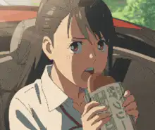 Anime girl eating a chocolate bar in a car