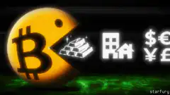 Bitcoin Pac-Man eats finance icons