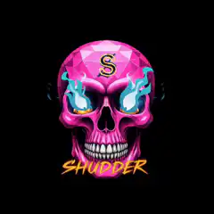 Pink skull with blue flames and SHUDDER text