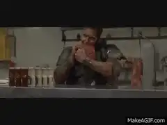 Terminator eating steak