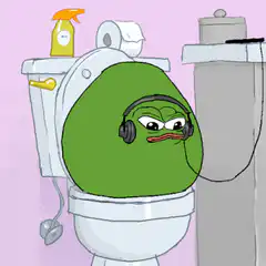 Pepe in a toilet with headphones