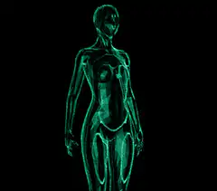 Green holographic woman with geometric wings