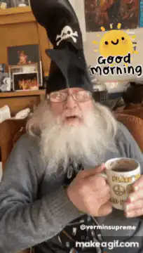 Old man in wizard hat with coffee
