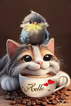 cat bird coffee hello kiss