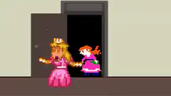 Princess Peach and Pauline watch Mario get sucked into a portal