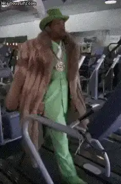 Snoop Dogg in fur coat on treadmill