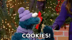 Cookie Monster eats cookies in winter