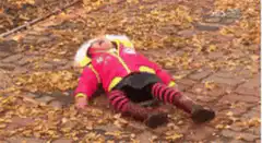 child lying in autumn leaves