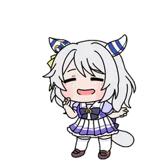 chibi white-haired girl with horns smiling