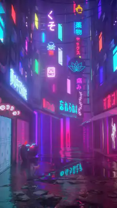 neon-lit cyberpunk alleyway at night
