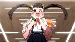 Anime girl with pigtails and backpack excited