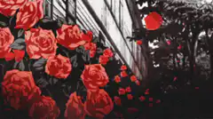 Red roses falling in black and white