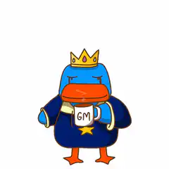 Blue duck king holding GM mug
