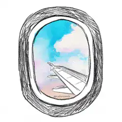 Airplane window view with shifting clouds