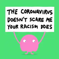 pink blob holding sign about racism