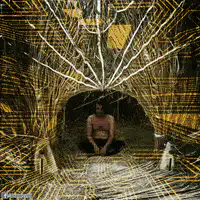Man meditating in cave with color shifting lines