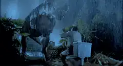 T-Rex eats man on toilet in rain