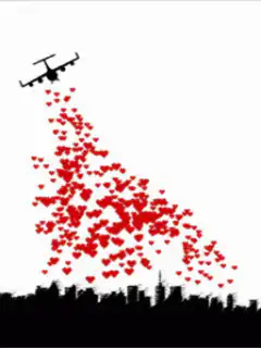 Airplane dropping red hearts over city