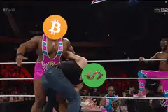 Bitcoin wrestler throws dollar sign man