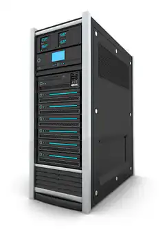 Black server rack with blue lights