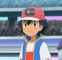 Ash Ketchum adjusts his hat in a stadium