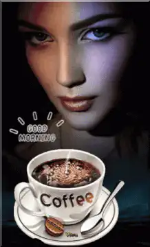 Woman with coffee cup and good morning text