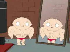 Muscular Stewie flexing in mirror