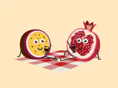 Passion fruit and pomegranate having a picnic