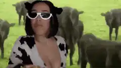 Cow girl eating burger with cows