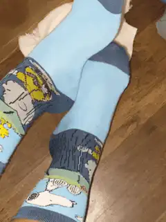 blue socks with cartoon characters