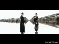 Neo and Trinity in the weapon room