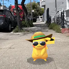 Pikachu dancing in a straw hat and sunglasses