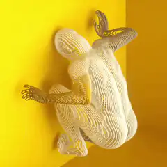 3D wireframe human dissolving into wall