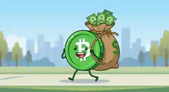 Bitcoin character carrying money bag