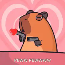 Capybara shooting hearts with guns