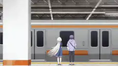 Two anime characters waiting at a train station