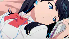 Anime girl listening to music with earphones