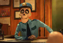 Skeleton cop talking excitedly