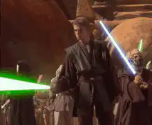 Anakin Skywalker lights his blue lightsaber